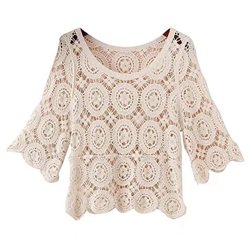 Damen Sommer 3/4 Ärmel Häkel-T-Shirt Boho Hippie Hollow Out Strick Blumenmuster Pullover Top Strand Bluse Cover Up, beige, OneSize