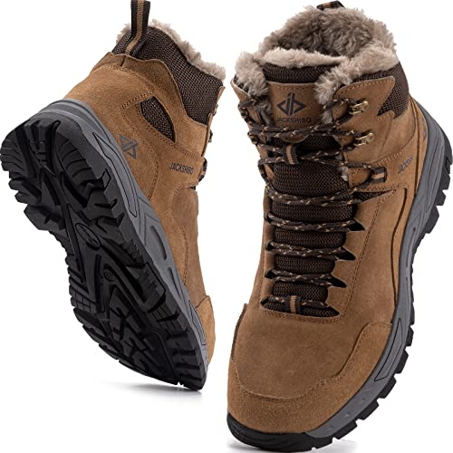 JACKSHIBO Winterschuhe Herren Winterstiefel mit Warm Gefüttert Wasserdicht Schneeschuhe Rutschfest Wanderschuhe Trekkingschuhe Winter Outdoor Schneestiefel Winterboot Braun 40 EU