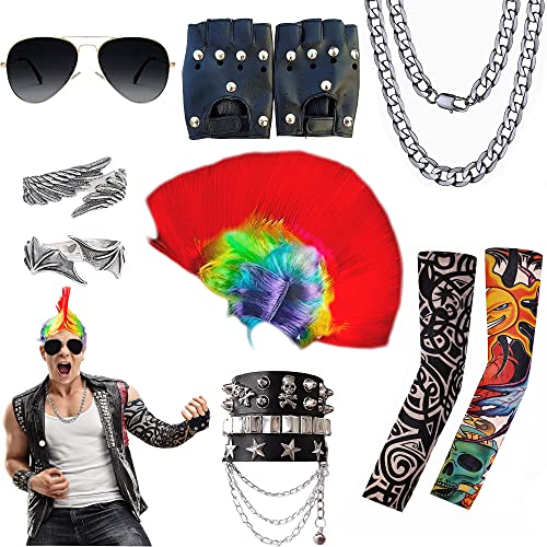 Echehi 80er 90er Jahre Outfit Für Herren 11-Tlg. Punker Kostüm Mit Irokesen Perücke, Rapper Kette, Sonnenbrille, Tattoo Ärmel, Punk-Armbänder, Handschuhe, Ringe Karnevalskostüme Set Für Männer Frauen