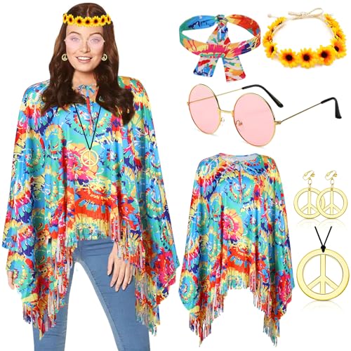 YADODO Hippie Kostüm Damen Poncho Set mit Hippie Accessoires 60er 70er Jahre Bekleidung Damen Frau Hippie Kleidung Damen Boho Flower Power 70er Mode Disco Outfit Damen Faschingskostüme Hippie Hippi