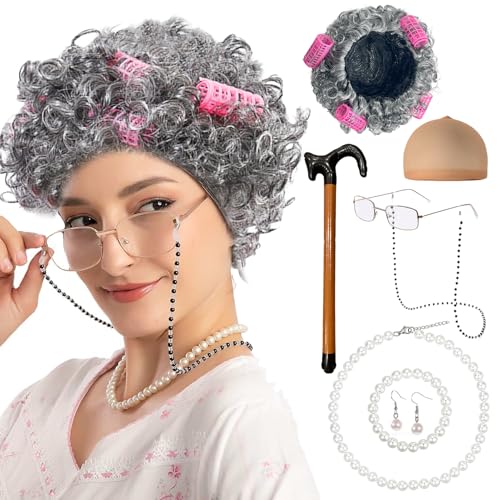 Old Lady Kostüm Set, Großmutter Cosplay Zubehör Set, Oma Perücke Perücke Kappe Oma Brille Brillen Ketten Perlenkette Lockenwicklern Ohrringe Armband Aufblasbare Krücken für Karneval Halloween Fasching