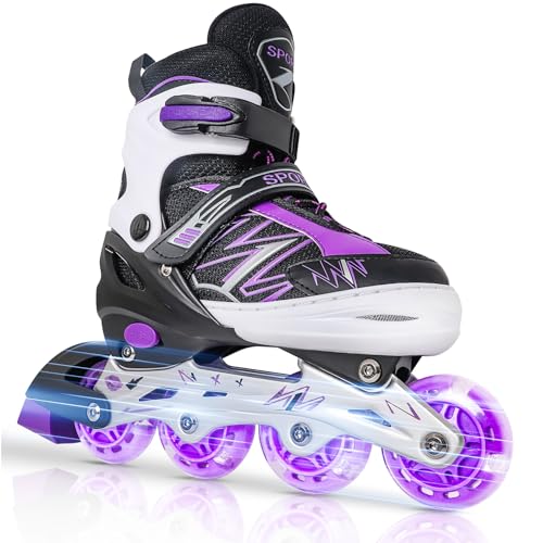 LOKJIJI Einstellbare Inline Skates für Kinder Mädchen Jungen Kinder Anfänger, Schwarz & Violett Inline Skates für Kinder und Jugendliche für drinnen draußen Sport (Large)