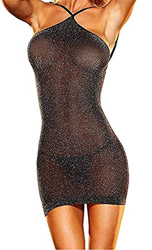 Sxybox Damen Sexy erotische Dessous Transparent Wetlook Minikleid Neckholder Clubwear Bodycon