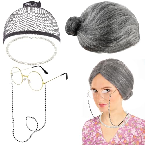 Aurasky Oma Perücke Kostüm Set, 5 Stück Alte Dame Perücke Old Lady Kostüm Cosplay Zubehör, Großmutter Perücke Perücke Kappe Oma Brille Brillen mit Ketten Perlenkette für Karneval Halloween