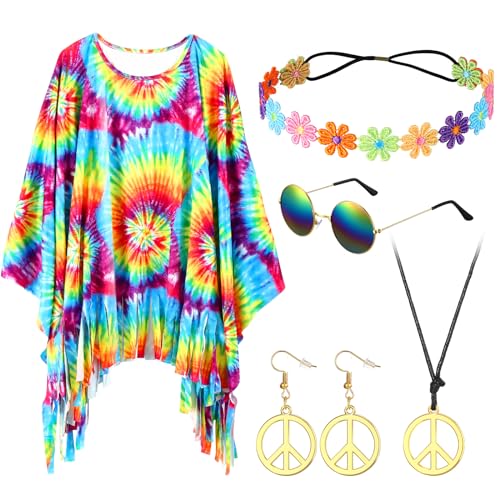 Hestya 5 Stück 60er 70er Hippie Kostüm Set Damen Hippie Tie Dye Poncho Blumen Stirnband Retro Sonnenbrille Frieden Zeichen Ohrringe Friedenszeichen Halskette für Party Outfit Zubehör(Klassisch)