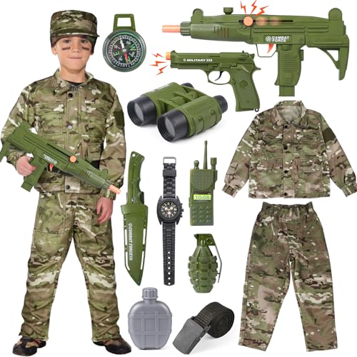 vamei 13stk. Militär Kostüm Kinder Armee Uniform Soldaten Kostüm für Kinder Armee Kostüm Militär Anzug Kinder mit Walkie-Talkie Maschinenpistole Militärspielzeug Tarnmütze für Kinder Junge 6-7 Jahre