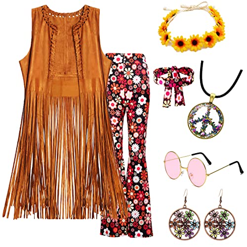 60er 70er Jahre Hippie Kostüm Damen Set mit Fransenweste Schlaghose Damen 70er Hippie Accessoires Hippie Kleidung Damen Kostüm 70er Jahre Bekleidung Damen Disco Outfit Faschingskostüm Mädchen (M)