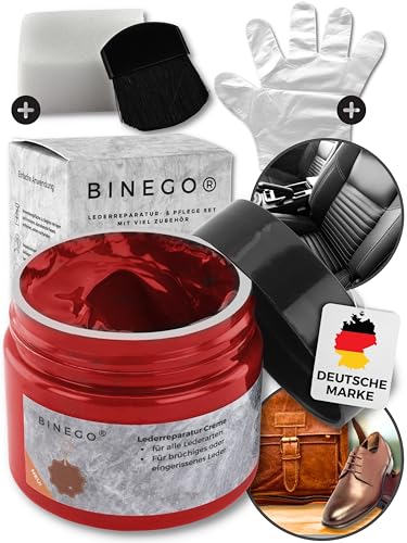 Binego® Lederreparaturset Leder & Kunstleder Reparatur Set | Lederreparatur Flüssigleder Lederfarbe Reparieren Reparaturset Aufbereitung | Farbe Rot