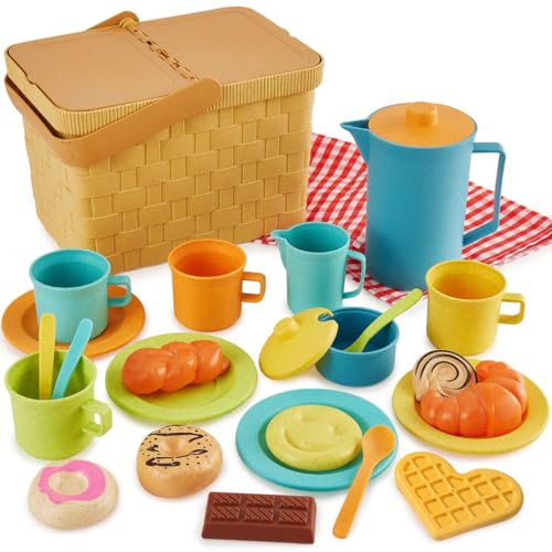 HERSITY Picknickkorb Kinder Teeservice Spielküche, Picknick Kinder Set mit Decke, Tee Set mit Dessert Spielzeug Outdoor, Geschenk für Jungen Mädchen 3 4 5 Jahre