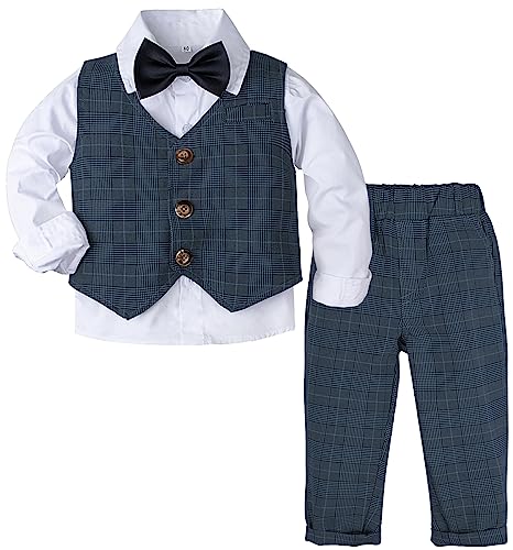 mintgreen Baby Anzug Junge, 3 Stück Gestreift Outfit Hochzeit Gentleman Kleiderset Lange Ärmel Hemd + Weste + Hosen + Krawatte, Marine, 2-3 Jahre, 100