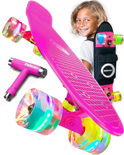 Deleven Skateboard mit Tragetasche, LED Rollen, Skate Tool und ABEC 7 Lager - Kinder Erwachsene Anfänger - 56 cm