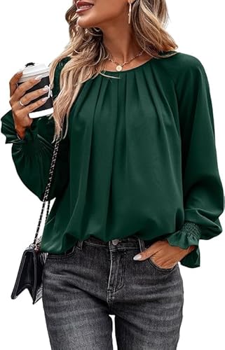 Toplop Bluse Damen Rüschen Laternenärmel: Elegant Langarmshirt Herbst Frühling Sommer Oberteile Lässig Rundhals Plissee Knopf Tops Mode V-Ausschnitt Brusttaschen Leopard Tunika A-Grün L