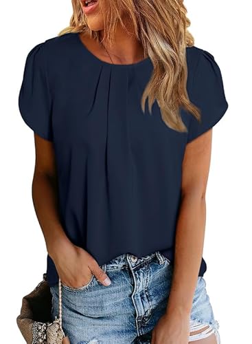 Dokotoo Damen Bluse Kurzarm Falten Tunika Elegant Chiffon Blusenshirt Sommer Rundhals Lose Oberteile Shirts Top, dunkelblau, M