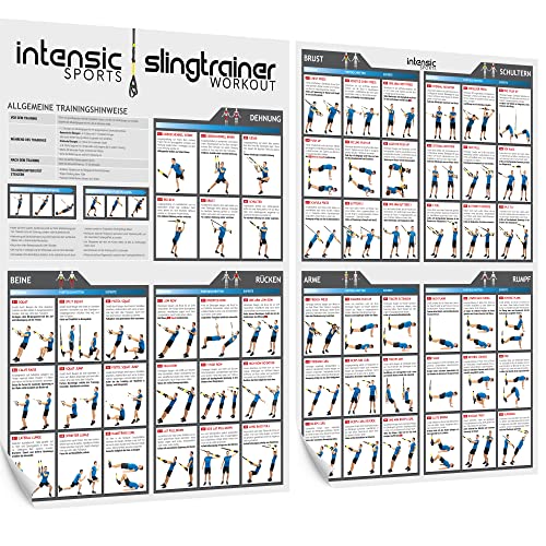 intensic SPORTS Slingtrainer Workout Poster Set | 60 Fitness-Übungen für Slingtraining | Muskelaufbau & Krafttraining Homeworkout Fitnesstraining zuhause ohne Hanteln Sport-Geräte Schlingentrainer