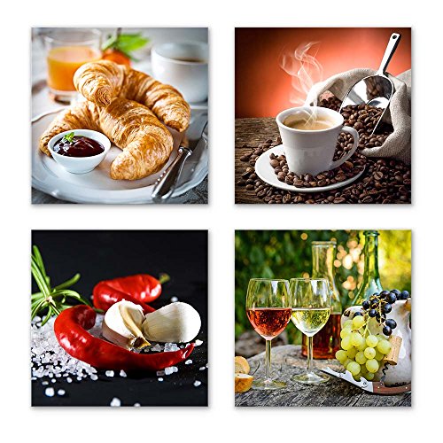 4 moderne Wandbilder Küche - je 40x40cm große Leinwand-Bilder zur Dekoration - ideale Deko für Küchen, Esszimmer, Restaurant, Gaststätte Bilder von Essen, Wein, Zutaten, Frühstück, Set-A