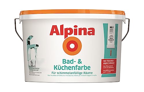 Alpina Bad- und Küchenfarbe in weiß matt – Anti-Schimmel Wandfarbe für Feuchträume – ergiebig, gut deckend & reinigungsfähig – 5 Liter